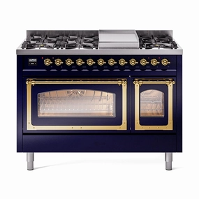 Ilve UN48FNMPMBGLP Ilve Un48Fnmpmbglp Nostalgie Ii Noblesse 48" Dual Fuel Range (8 Sealed Burners   Griddle, Liquid Propane, Triple Glass Door, Midnight Blue, Brass) Freestanding Ranges freestanding dual fuel range 30 inch