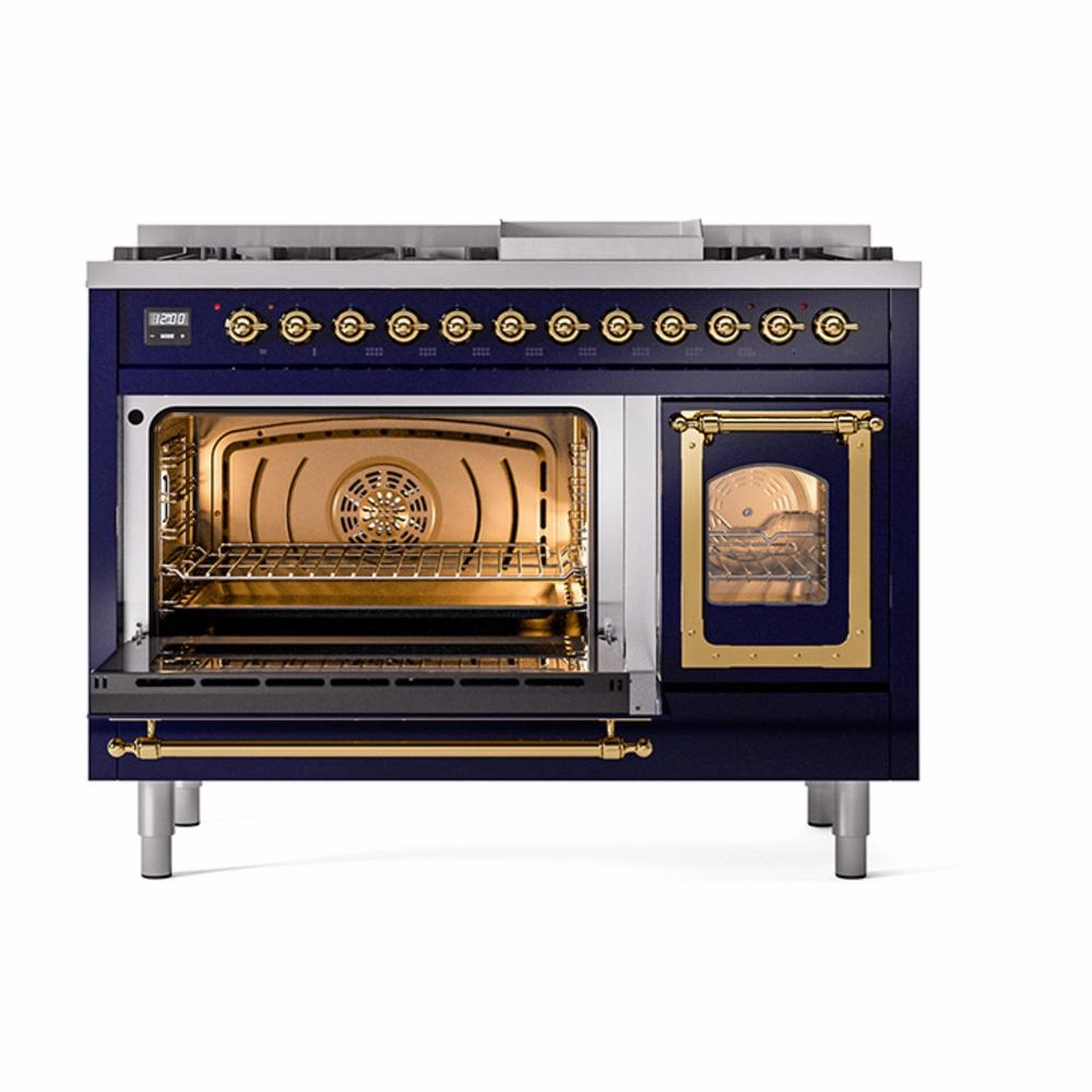 Ilve UN48FNMPMBGLP Ilve Un48Fnmpmbglp Nostalgie Ii Noblesse 48" Dual Fuel Range (8 Sealed Burners   Griddle, Liquid Propane, Triple Glass Door, Midnight Blue, Brass)