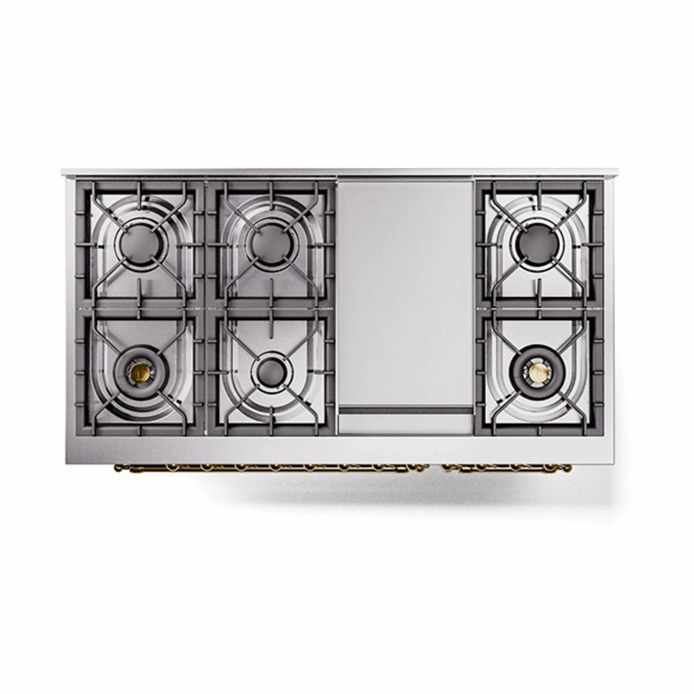 Ilve UN48FNMPMBGLP Ilve Un48Fnmpmbglp Nostalgie Ii Noblesse 48" Dual Fuel Range (8 Sealed Burners   Griddle, Liquid Propane, Triple Glass Door, Midnight Blue, Brass)