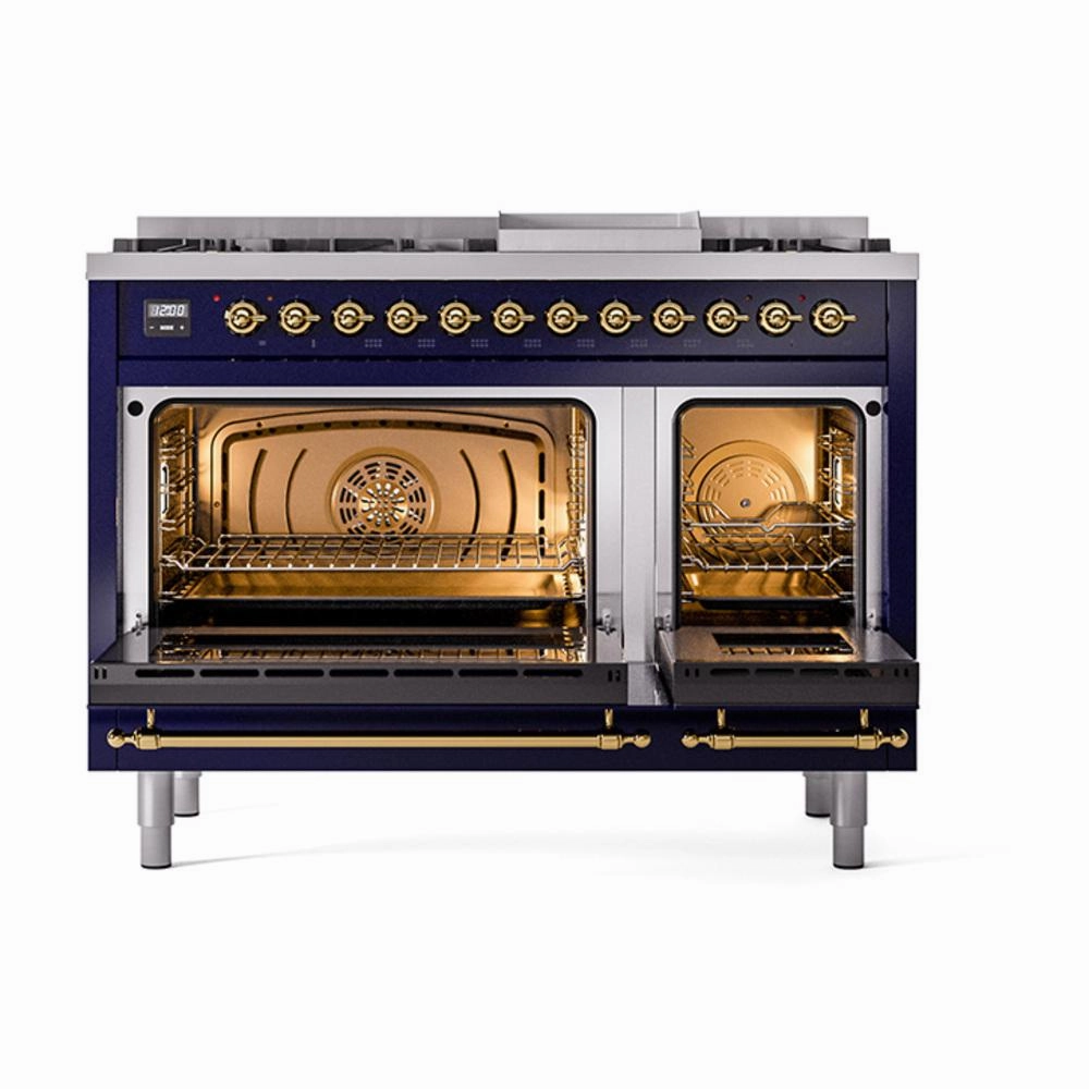 Ilve UN48FNMPMBGLP Ilve Un48Fnmpmbglp Nostalgie Ii Noblesse 48" Dual Fuel Range (8 Sealed Burners   Griddle, Liquid Propane, Triple Glass Door, Midnight Blue, Brass)