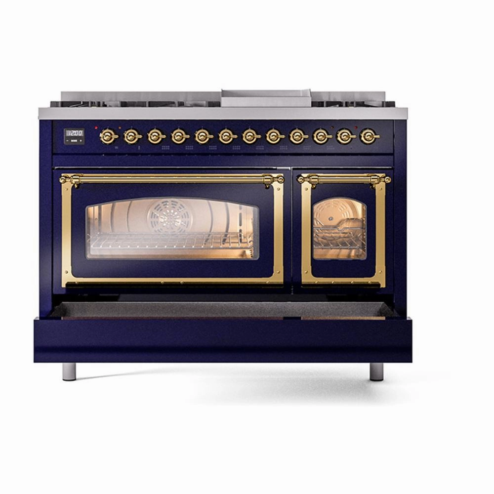 Ilve UN48FNMPMBGLP Ilve Un48Fnmpmbglp Nostalgie Ii Noblesse 48" Dual Fuel Range (8 Sealed Burners   Griddle, Liquid Propane, Triple Glass Door, Midnight Blue, Brass)