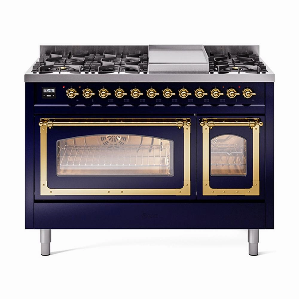 Ilve UN48FNMPMBGLP Ilve Un48Fnmpmbglp Nostalgie Ii Noblesse 48" Dual Fuel Range (8 Sealed Burners   Griddle, Liquid Propane, Triple Glass Door, Midnight Blue, Brass) Freestanding Ranges freestanding dual fuel range 30 inch