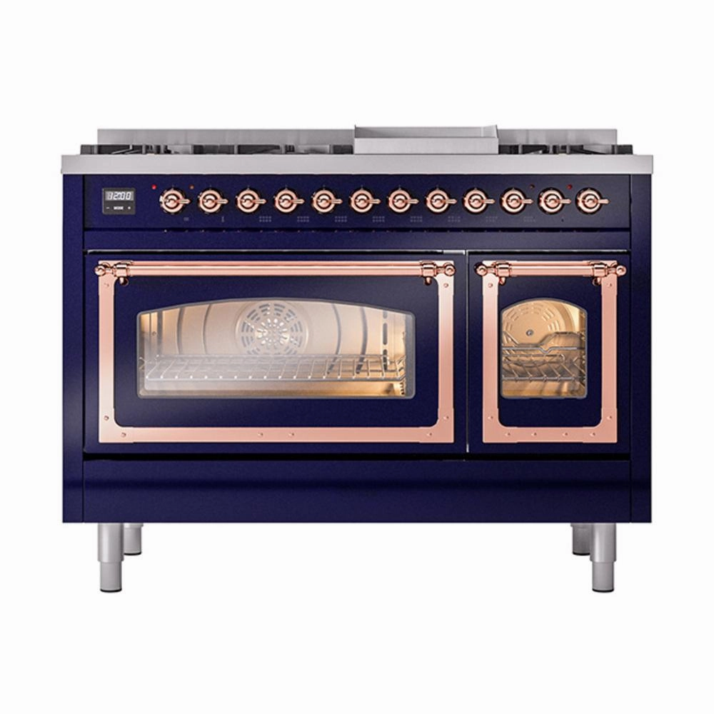 Ilve UN48FNMPMBP Ilve Un48Fnmpmbp Nostalgie Ii Noblesse 48" Dual Fuel Range (8 Sealed Burners   Griddle, Natural Gas, Triple Glass Door, Midnight Blue, Copper)