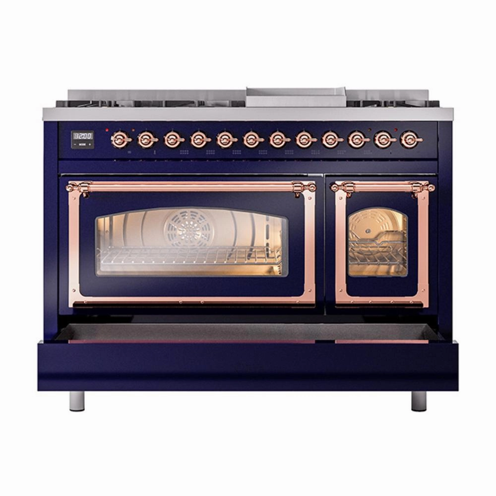 Ilve UN48FNMPMBP Ilve Un48Fnmpmbp Nostalgie Ii Noblesse 48" Dual Fuel Range (8 Sealed Burners   Griddle, Natural Gas, Triple Glass Door, Midnight Blue, Copper)