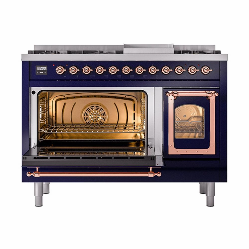 Ilve UN48FNMPMBP Ilve Un48Fnmpmbp Nostalgie Ii Noblesse 48" Dual Fuel Range (8 Sealed Burners   Griddle, Natural Gas, Triple Glass Door, Midnight Blue, Copper)