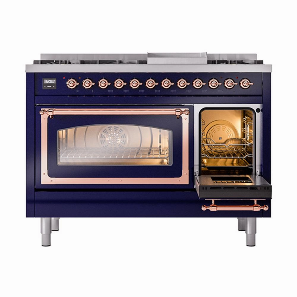 Ilve UN48FNMPMBP Ilve Un48Fnmpmbp Nostalgie Ii Noblesse 48" Dual Fuel Range (8 Sealed Burners   Griddle, Natural Gas, Triple Glass Door, Midnight Blue, Copper)