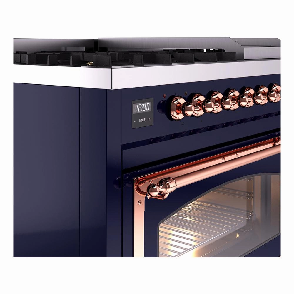 Ilve UN48FNMPMBP Ilve Un48Fnmpmbp Nostalgie Ii Noblesse 48" Dual Fuel Range (8 Sealed Burners   Griddle, Natural Gas, Triple Glass Door, Midnight Blue, Copper)