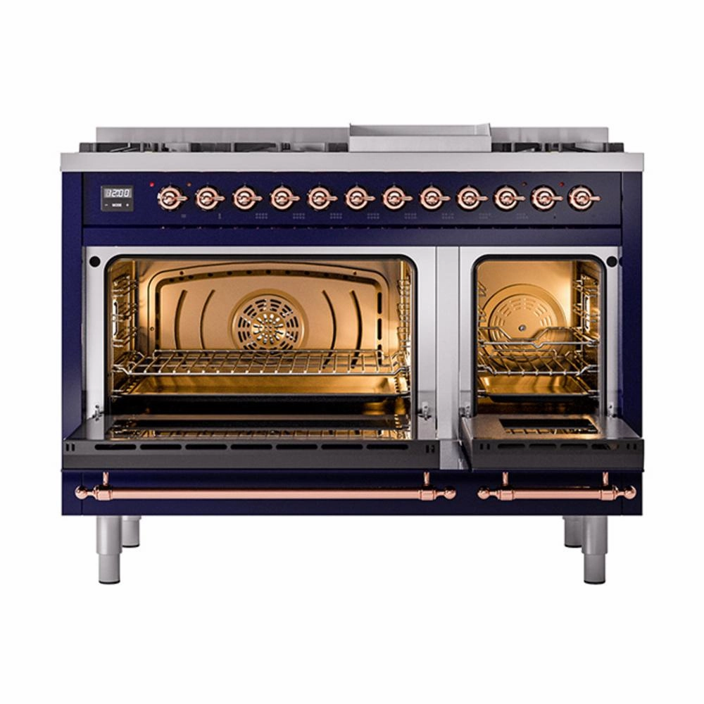 Ilve UN48FNMPMBP Ilve Un48Fnmpmbp Nostalgie Ii Noblesse 48" Dual Fuel Range (8 Sealed Burners   Griddle, Natural Gas, Triple Glass Door, Midnight Blue, Copper)