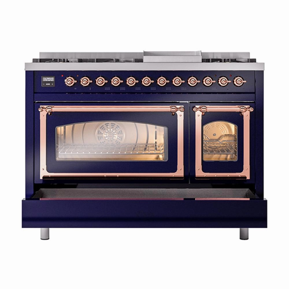 Ilve UN48FNMPMBPLP Ilve Un48Fnmpmbplp Nostalgie Ii Noblesse 48" Dual Fuel Range (8 Sealed Burners   Griddle, Liquid Propane, Triple Glass Door, Midnight Blue, Copper)