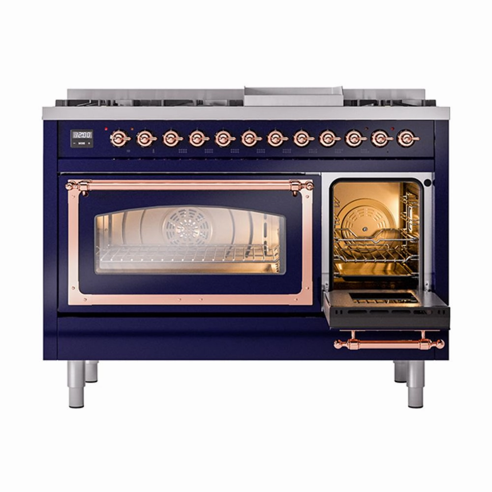 Ilve UN48FNMPMBPLP Ilve Un48Fnmpmbplp Nostalgie Ii Noblesse 48" Dual Fuel Range (8 Sealed Burners   Griddle, Liquid Propane, Triple Glass Door, Midnight Blue, Copper)