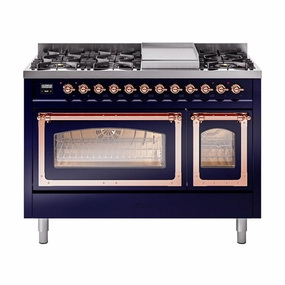 Ilve UN48FNMPMBPLP Ilve Un48Fnmpmbplp Nostalgie Ii Noblesse 48" Dual Fuel Range (8 Sealed Burners   Griddle, Liquid Propane, Triple Glass Door, Midnight Blue, Copper) Freestanding Ranges freestanding dual fuel range 30 inch