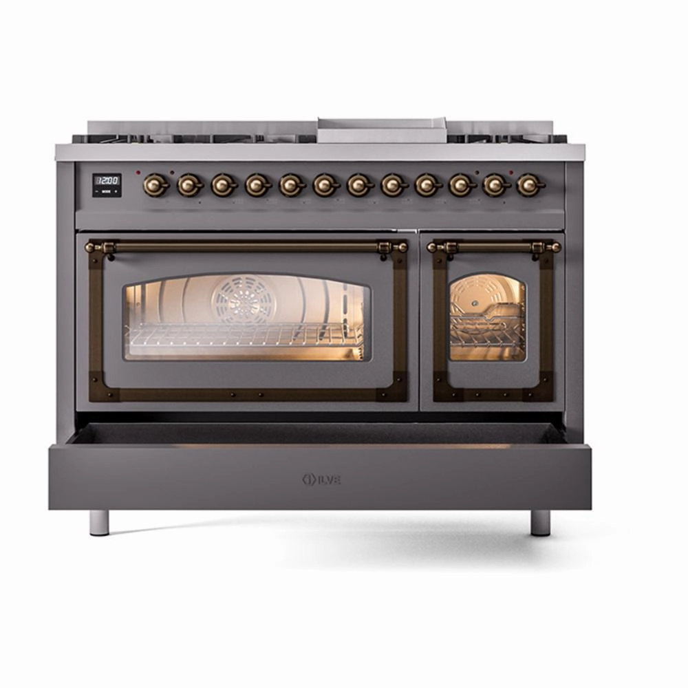 Ilve UN48FNMPMGB Ilve Un48Fnmpmgb Nostalgie Ii Noblesse 48" Dual Fuel Range (8 Sealed Burners   Griddle, Natural Gas, Triple Glass Door, Graphite Matte, Burnished)