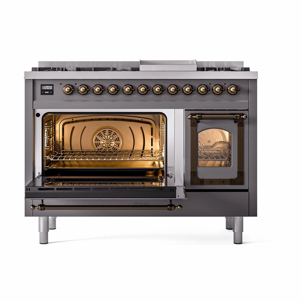 Ilve UN48FNMPMGB Ilve Un48Fnmpmgb Nostalgie Ii Noblesse 48" Dual Fuel Range (8 Sealed Burners   Griddle, Natural Gas, Triple Glass Door, Graphite Matte, Burnished)