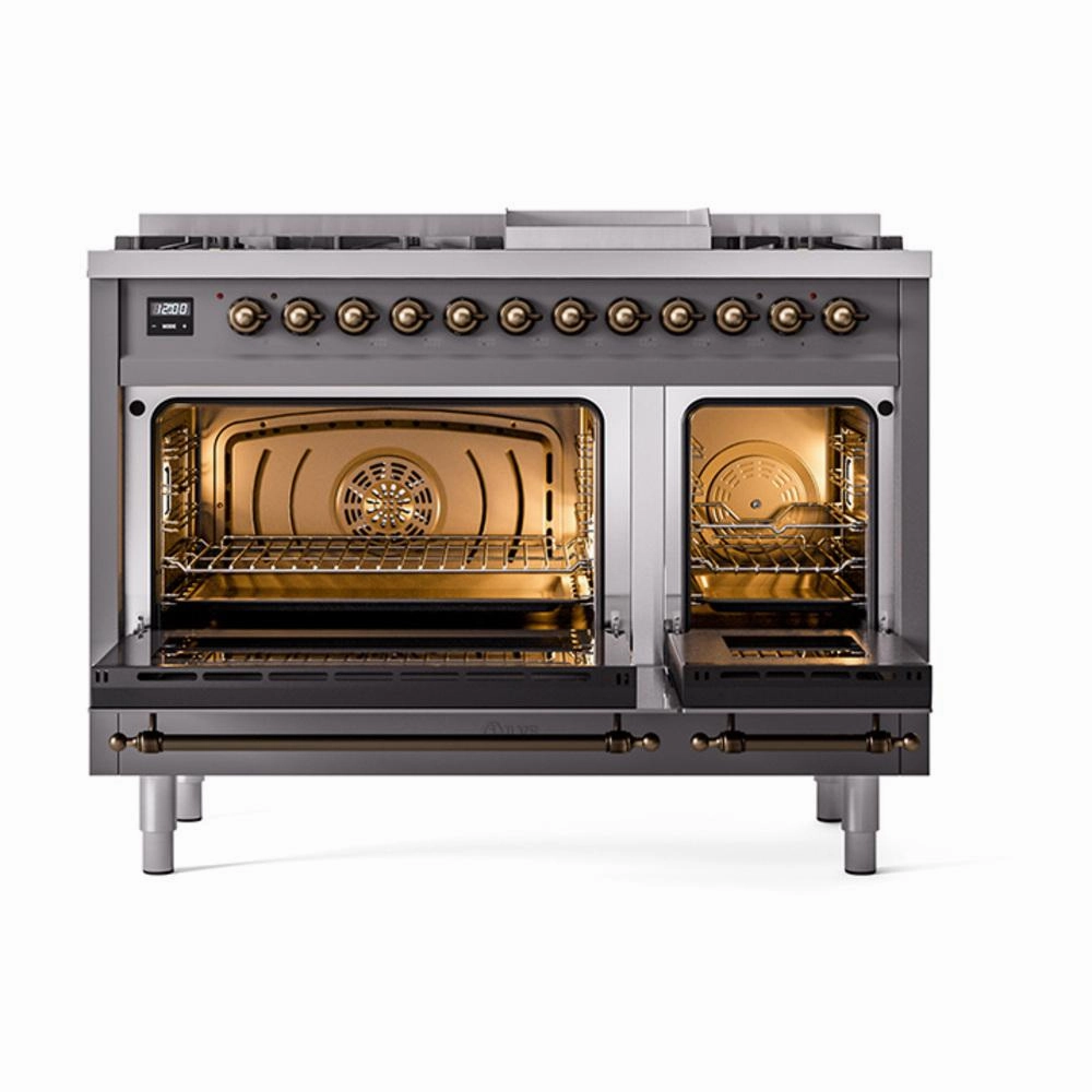 Ilve UN48FNMPMGB Ilve Un48Fnmpmgb Nostalgie Ii Noblesse 48" Dual Fuel Range (8 Sealed Burners   Griddle, Natural Gas, Triple Glass Door, Graphite Matte, Burnished)