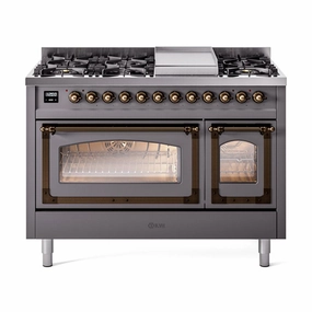 Ilve UN48FNMPMGB Ilve Un48Fnmpmgb Nostalgie Ii Noblesse 48" Dual Fuel Range (8 Sealed Burners   Griddle, Natural Gas, Triple Glass Door, Graphite Matte, Burnished) Freestanding Ranges freestanding dual fuel range 30 inch