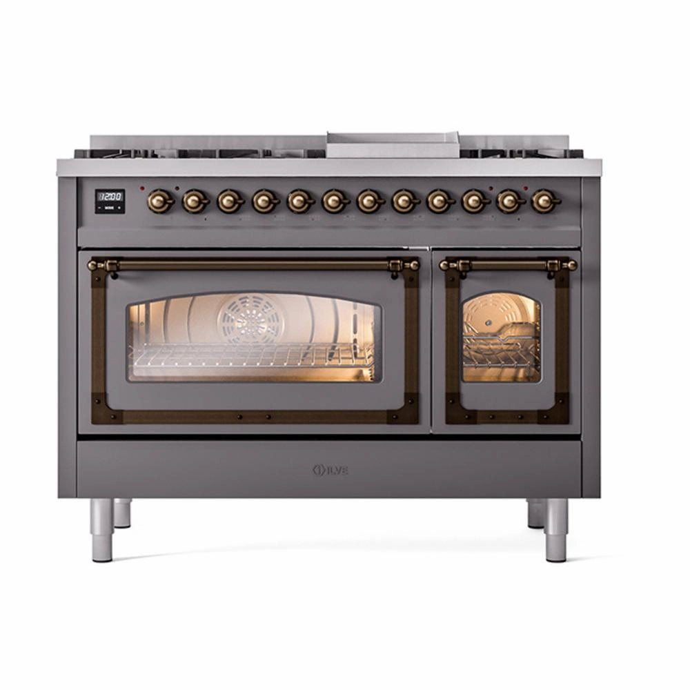 Ilve UN48FNMPMGBLP Ilve Un48Fnmpmgblp Nostalgie Ii Noblesse 48" Dual Fuel Range (8 Sealed Burners   Griddle, Liquid Propane, Triple Glass Door, Graphite Matte, Burnished)