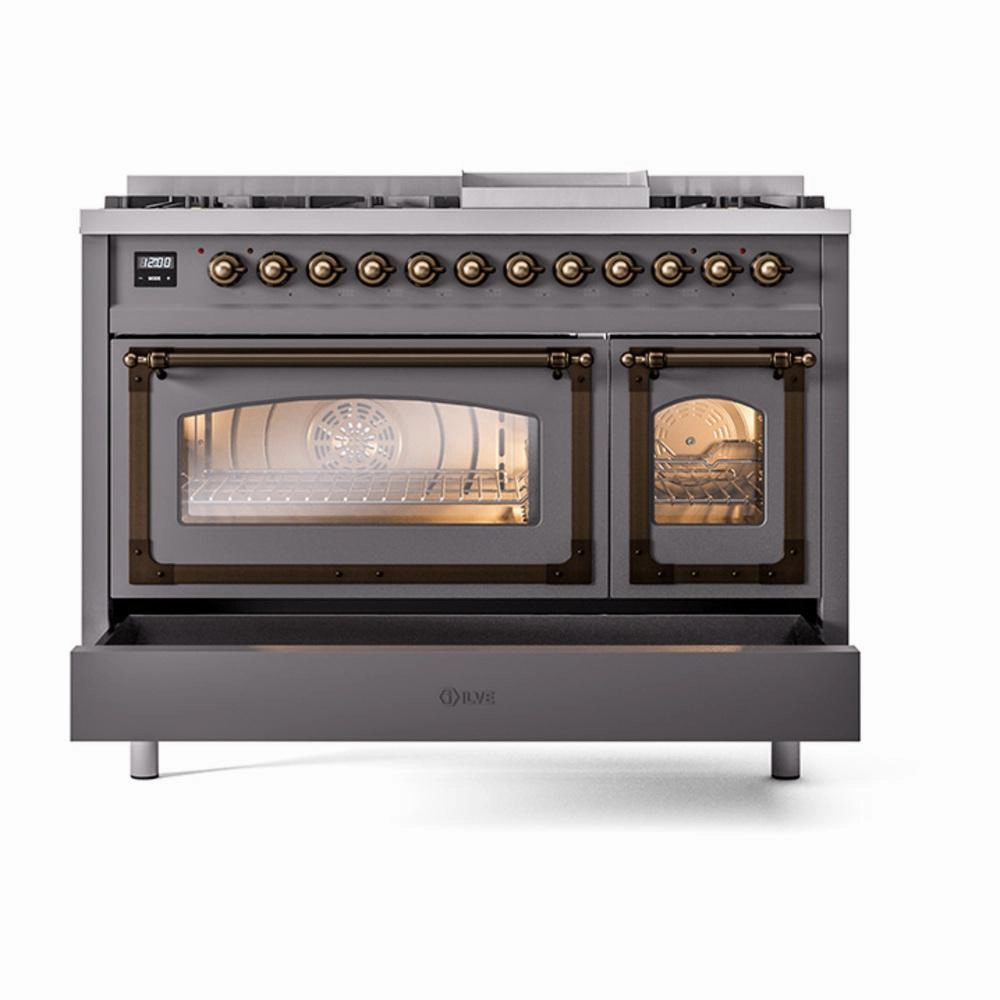 Ilve UN48FNMPMGBLP Ilve Un48Fnmpmgblp Nostalgie Ii Noblesse 48" Dual Fuel Range (8 Sealed Burners   Griddle, Liquid Propane, Triple Glass Door, Graphite Matte, Burnished)