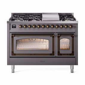 Ilve UN48FNMPMGBLP Ilve Un48Fnmpmgblp Nostalgie Ii Noblesse 48" Dual Fuel Range (8 Sealed Burners   Griddle, Liquid Propane, Triple Glass Door, Graphite Matte, Burnished) Freestanding Ranges freestanding dual fuel range 30 inch