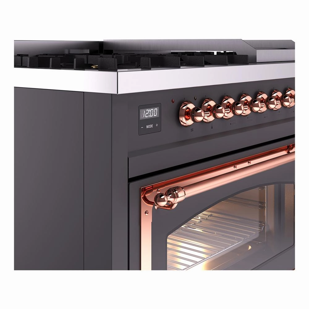 Ilve UN48FNMPMGPLP Ilve Un48Fnmpmgplp Nostalgie Ii Noblesse 48" Dual Fuel Range (8 Sealed Burners   Griddle, Liquid Propane, Triple Glass Door, Graphite Matte, Copper)