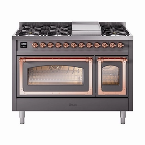 Ilve UN48FNMPMGPLP Ilve Un48Fnmpmgplp Nostalgie Ii Noblesse 48" Dual Fuel Range (8 Sealed Burners   Griddle, Liquid Propane, Triple Glass Door, Graphite Matte, Copper) Freestanding Ranges freestanding dual fuel range 30 inch