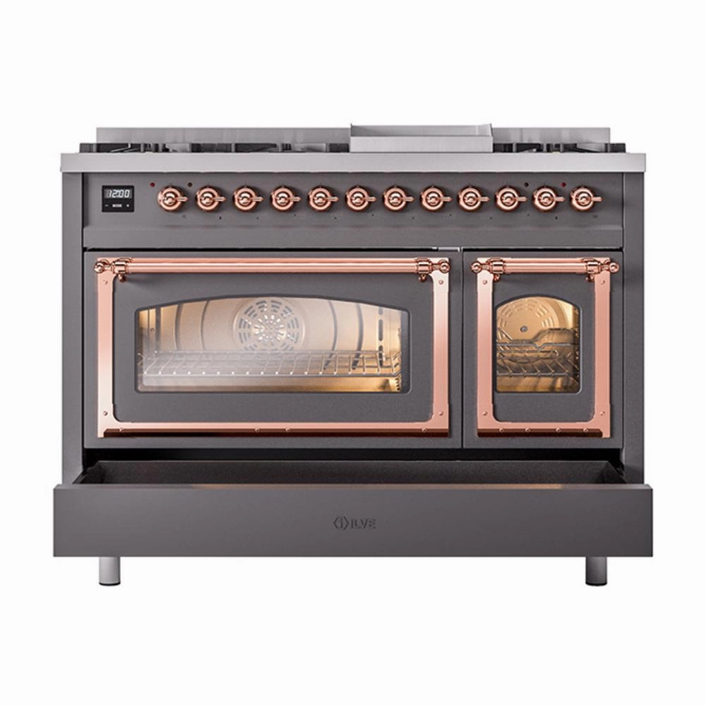 Ilve UN48FNMPMGPLP Ilve Un48Fnmpmgplp Nostalgie Ii Noblesse 48" Dual Fuel Range (8 Sealed Burners   Griddle, Liquid Propane, Triple Glass Door, Graphite Matte, Copper)