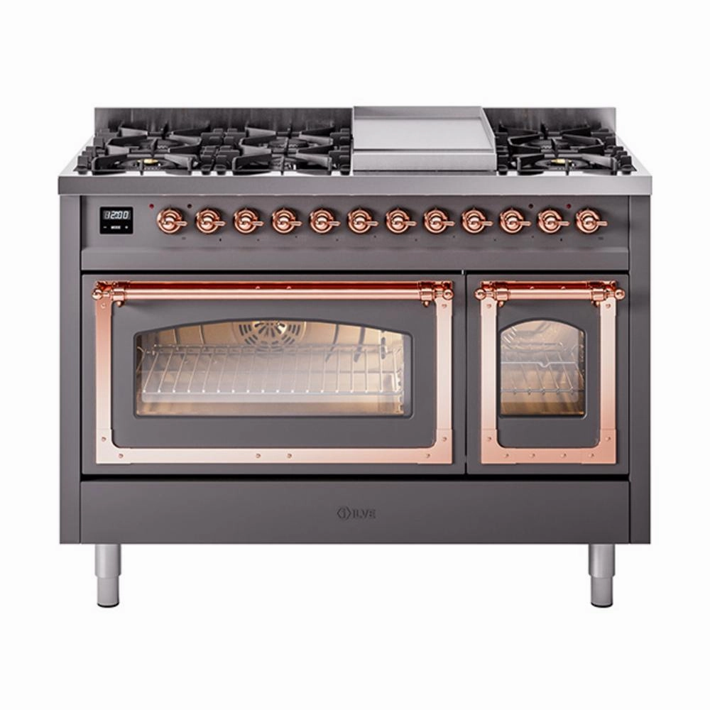 Ilve UN48FNMPMGPLP Ilve Un48Fnmpmgplp Nostalgie Ii Noblesse 48" Dual Fuel Range (8 Sealed Burners   Griddle, Liquid Propane, Triple Glass Door, Graphite Matte, Copper) Freestanding Ranges freestanding dual fuel range 30 inch