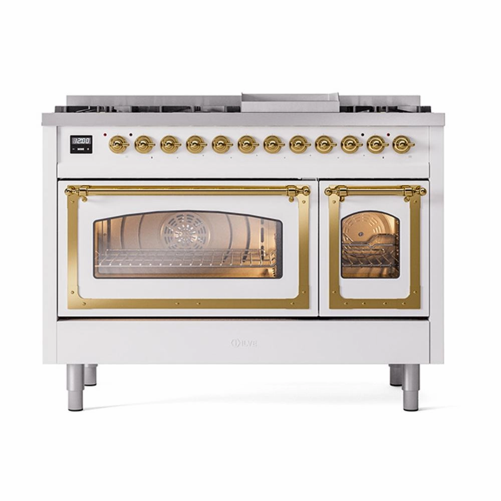 Ilve UN48FNMPRAGLP Ilve Un48Fnmpraglp Nostalgie Ii Noblesse 48" Dual Fuel Range (8 Sealed Burners   Griddle, Liquid Propane, Triple Glass Door, Ral, Brass)