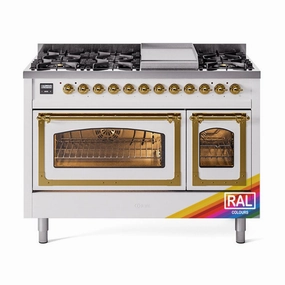 Ilve UN48FNMPRAGLP Ilve Un48Fnmpraglp Nostalgie Ii Noblesse 48" Dual Fuel Range (8 Sealed Burners   Griddle, Liquid Propane, Triple Glass Door, Ral, Brass) Freestanding Ranges freestanding dual fuel range 30 inch
