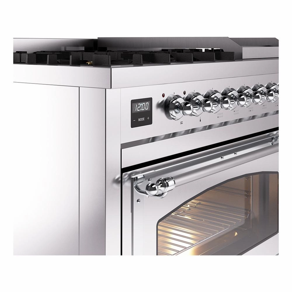 Ilve UN48FNMPSSC Ilve Un48Fnmpssc Nostalgie Ii Noblesse 48" Dual Fuel Range (8 Sealed Burners   Griddle, Natural Gas, Triple Glass Door, Stainless Steel, Chrome)