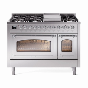 Ilve UN48FNMPSSC Ilve Un48Fnmpssc Nostalgie Ii Noblesse 48" Dual Fuel Range (8 Sealed Burners   Griddle, Natural Gas, Triple Glass Door, Stainless Steel, Chrome) Freestanding Ranges freestanding dual fuel range 30 inch