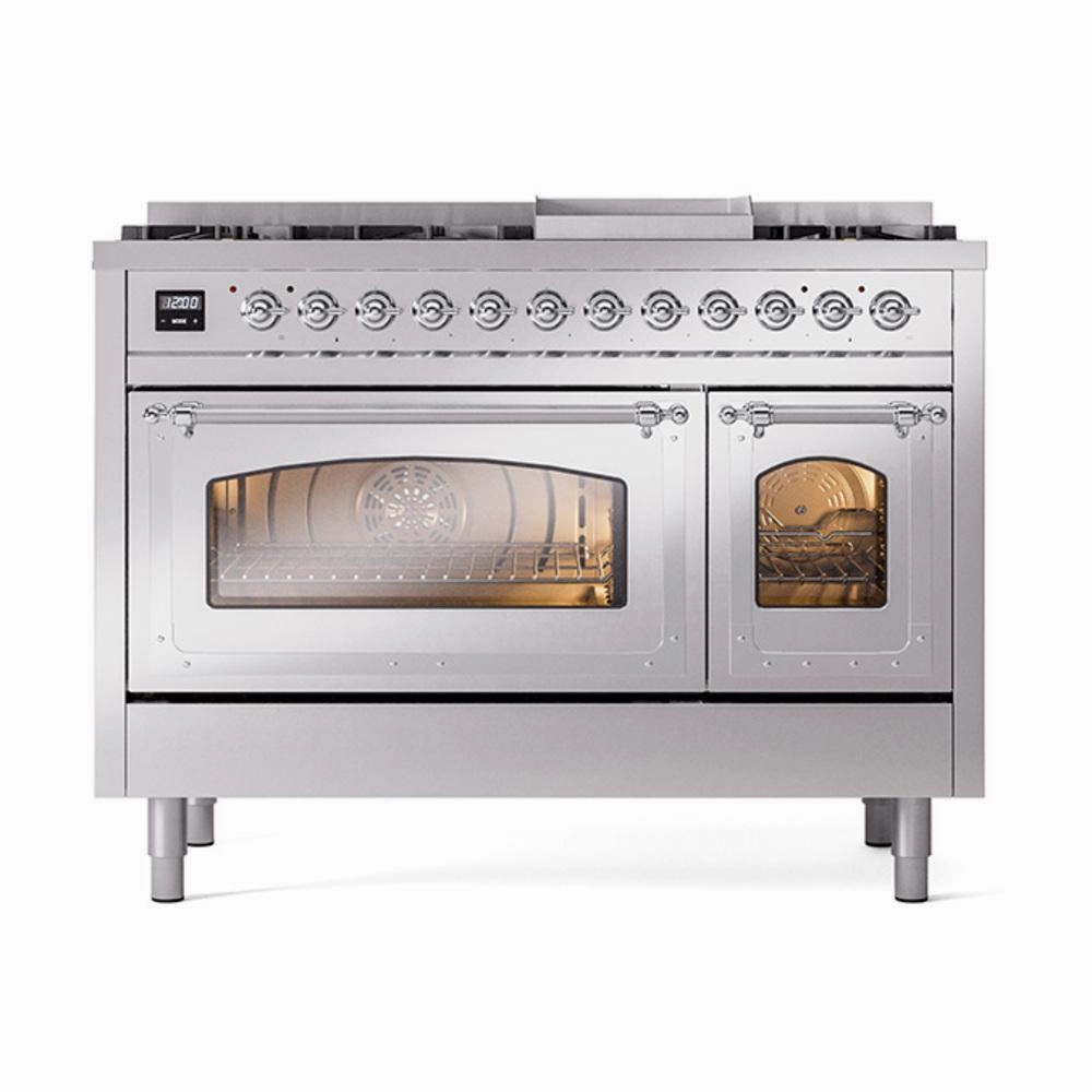 Ilve UN48FNMPSSC Ilve Un48Fnmpssc Nostalgie Ii Noblesse 48" Dual Fuel Range (8 Sealed Burners   Griddle, Natural Gas, Triple Glass Door, Stainless Steel, Chrome)