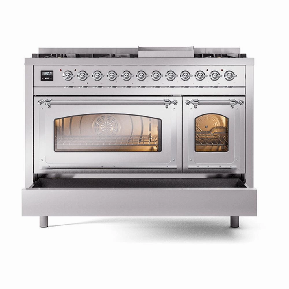Ilve UN48FNMPSSC Ilve Un48Fnmpssc Nostalgie Ii Noblesse 48" Dual Fuel Range (8 Sealed Burners   Griddle, Natural Gas, Triple Glass Door, Stainless Steel, Chrome)