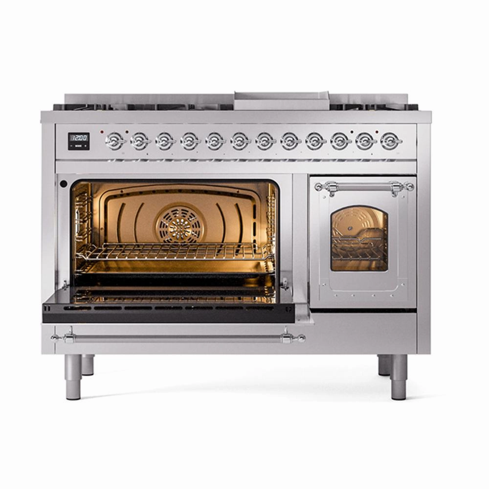 Ilve UN48FNMPSSC Ilve Un48Fnmpssc Nostalgie Ii Noblesse 48" Dual Fuel Range (8 Sealed Burners   Griddle, Natural Gas, Triple Glass Door, Stainless Steel, Chrome)