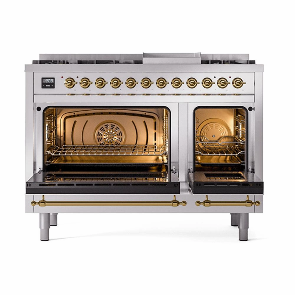 Ilve UN48FNMPSSG Ilve Un48Fnmpssg Nostalgie Ii Noblesse 48" Dual Fuel Range (8 Sealed Burners   Griddle, Natural Gas, Triple Glass Door, Stainless Steel, Brass)