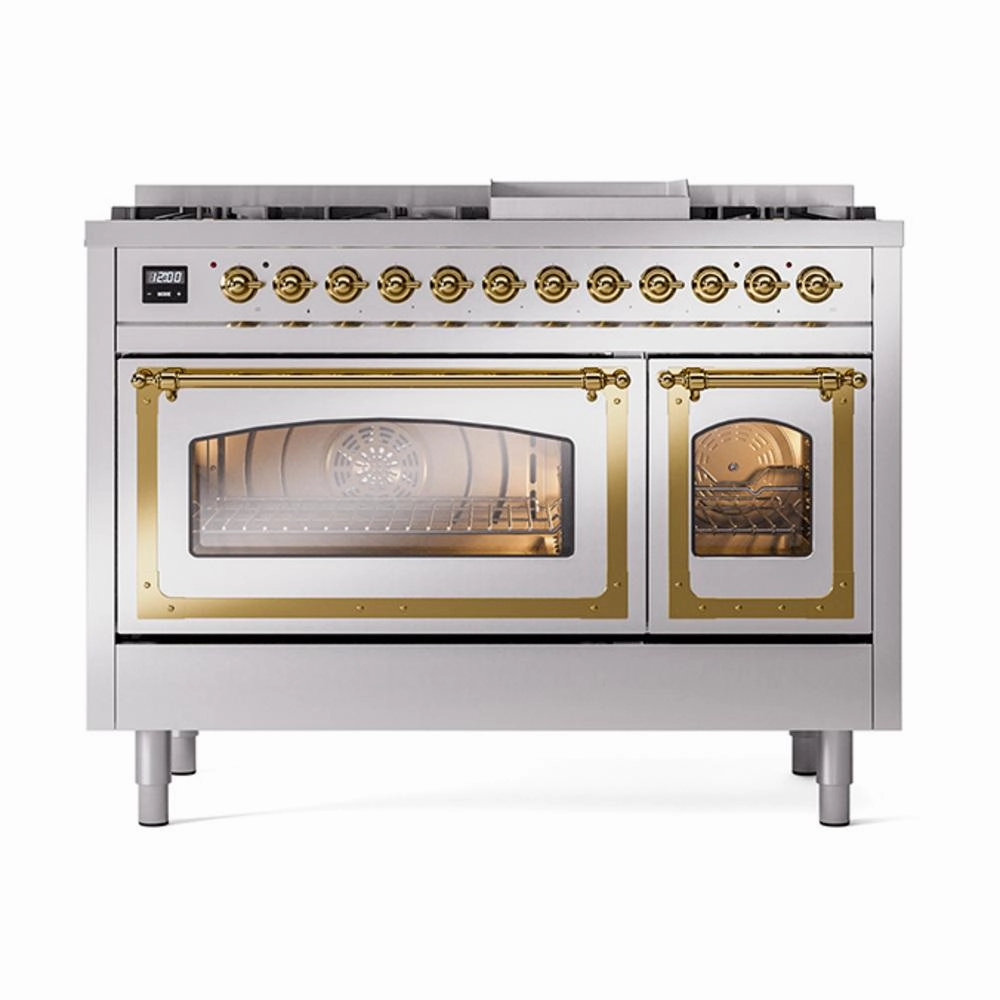 Ilve UN48FNMPSSG Ilve Un48Fnmpssg Nostalgie Ii Noblesse 48" Dual Fuel Range (8 Sealed Burners   Griddle, Natural Gas, Triple Glass Door, Stainless Steel, Brass)