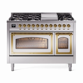 Ilve UN48FNMPSSG Ilve Un48Fnmpssg Nostalgie Ii Noblesse 48" Dual Fuel Range (8 Sealed Burners   Griddle, Natural Gas, Triple Glass Door, Stainless Steel, Brass) Freestanding Ranges freestanding dual fuel range 30 inch