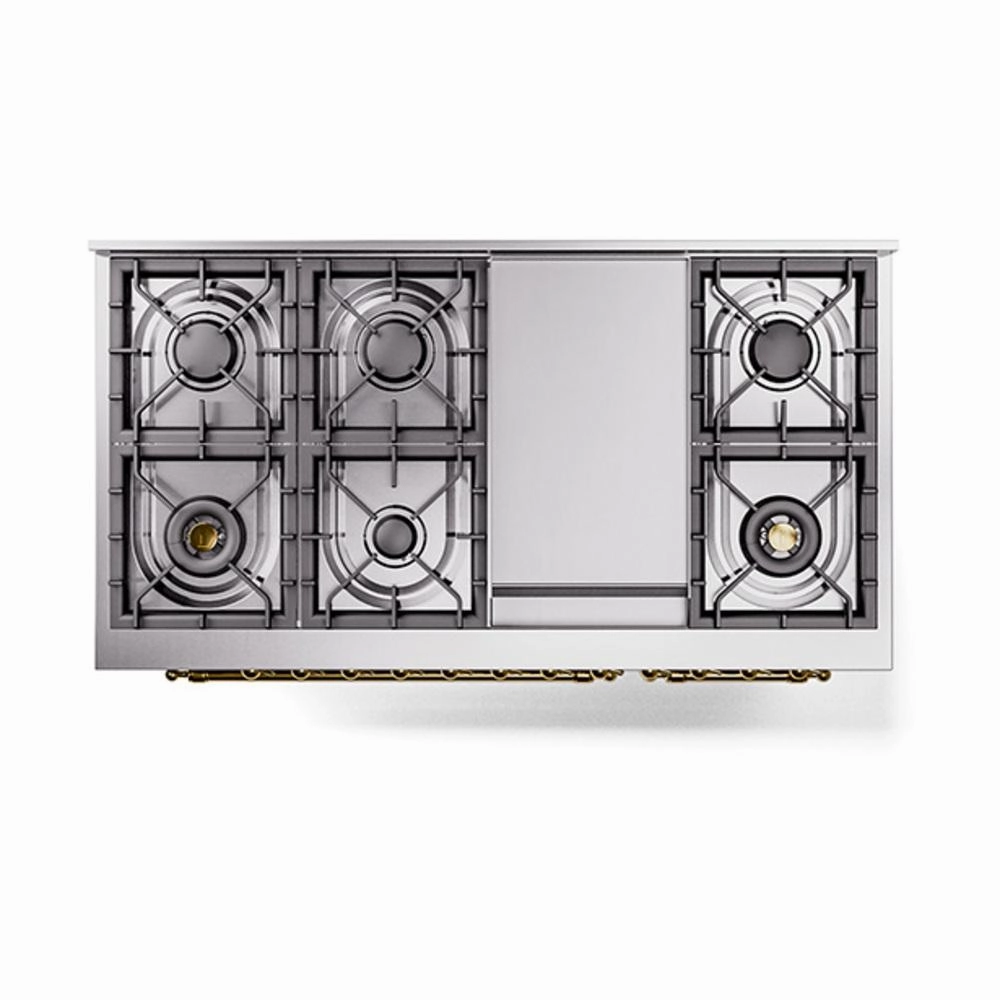 Ilve UN48FNMPSSG Ilve Un48Fnmpssg Nostalgie Ii Noblesse 48" Dual Fuel Range (8 Sealed Burners   Griddle, Natural Gas, Triple Glass Door, Stainless Steel, Brass)