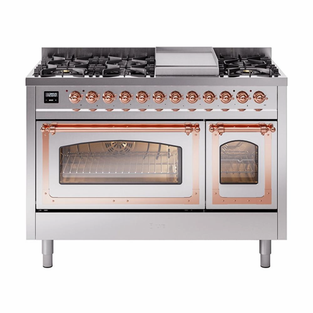 Ilve UN48FNMPSSP Ilve Un48Fnmpssp Nostalgie Ii Noblesse 48" Dual Fuel Range (8 Sealed Burners   Griddle, Natural Gas, Triple Glass Door, Stainless Steel, Copper) Freestanding Ranges freestanding dual fuel range 30 inch