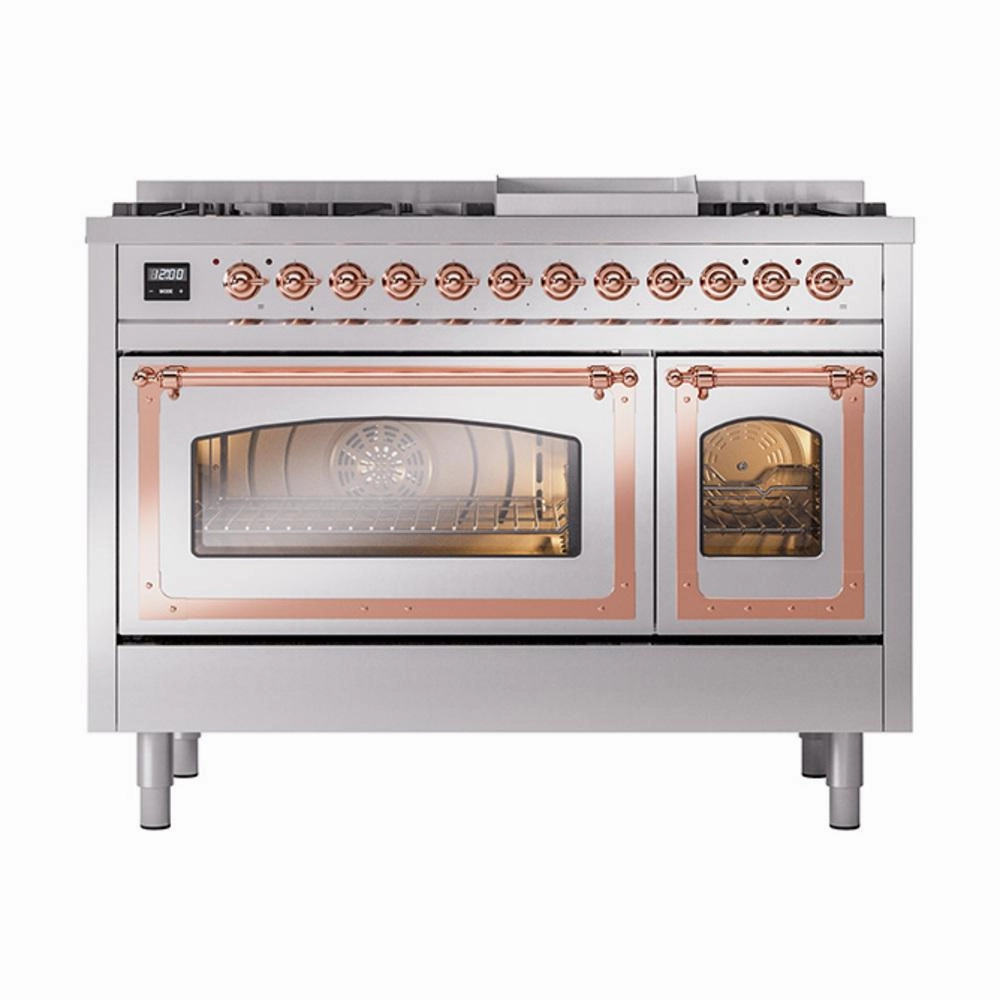 Ilve UN48FNMPSSP Ilve Un48Fnmpssp Nostalgie Ii Noblesse 48" Dual Fuel Range (8 Sealed Burners   Griddle, Natural Gas, Triple Glass Door, Stainless Steel, Copper)