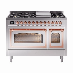 Ilve UN48FNMPSSP Ilve Un48Fnmpssp Nostalgie Ii Noblesse 48" Dual Fuel Range (8 Sealed Burners   Griddle, Natural Gas, Triple Glass Door, Stainless Steel, Copper) Freestanding Ranges freestanding dual fuel range 30 inch