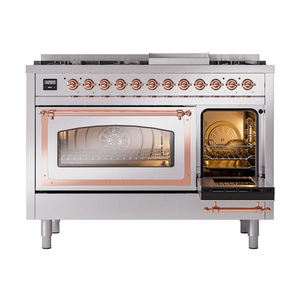 Ilve UN48FNMPSSP Ilve Un48Fnmpssp Nostalgie Ii Noblesse 48" Dual Fuel Range (8 Sealed Burners   Griddle, Natural Gas, Triple Glass Door, Stainless Steel, Copper)
