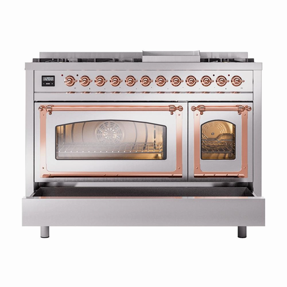 Ilve UN48FNMPSSP Ilve Un48Fnmpssp Nostalgie Ii Noblesse 48" Dual Fuel Range (8 Sealed Burners   Griddle, Natural Gas, Triple Glass Door, Stainless Steel, Copper)