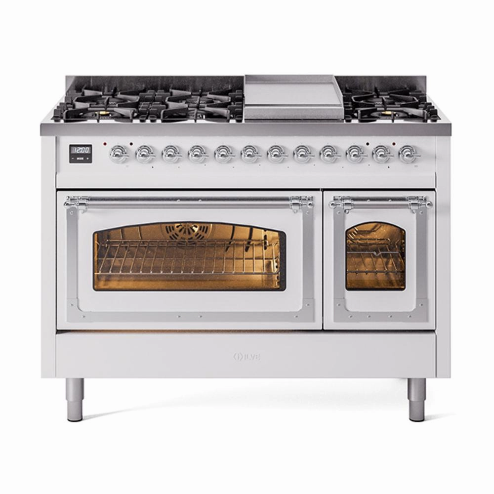 Ilve UN48FNMPWHC Ilve Un48Fnmpwhc Nostalgie Ii Noblesse 48" Dual Fuel Range (8 Sealed Burners   Griddle, Natural Gas, Triple Glass Door, White, Chrome) Freestanding Ranges freestanding dual fuel range 30 inch