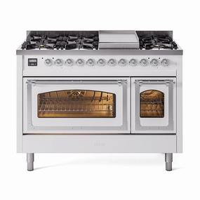 Ilve UN48FNMPWHC Ilve Un48Fnmpwhc Nostalgie Ii Noblesse 48" Dual Fuel Range (8 Sealed Burners   Griddle, Natural Gas, Triple Glass Door, White, Chrome) Freestanding Ranges freestanding dual fuel range 30 inch