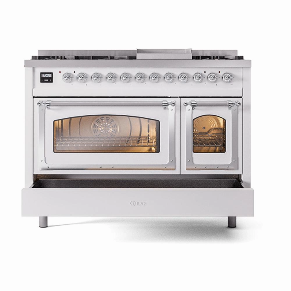 Ilve UN48FNMPWHC Ilve Un48Fnmpwhc Nostalgie Ii Noblesse 48" Dual Fuel Range (8 Sealed Burners   Griddle, Natural Gas, Triple Glass Door, White, Chrome)