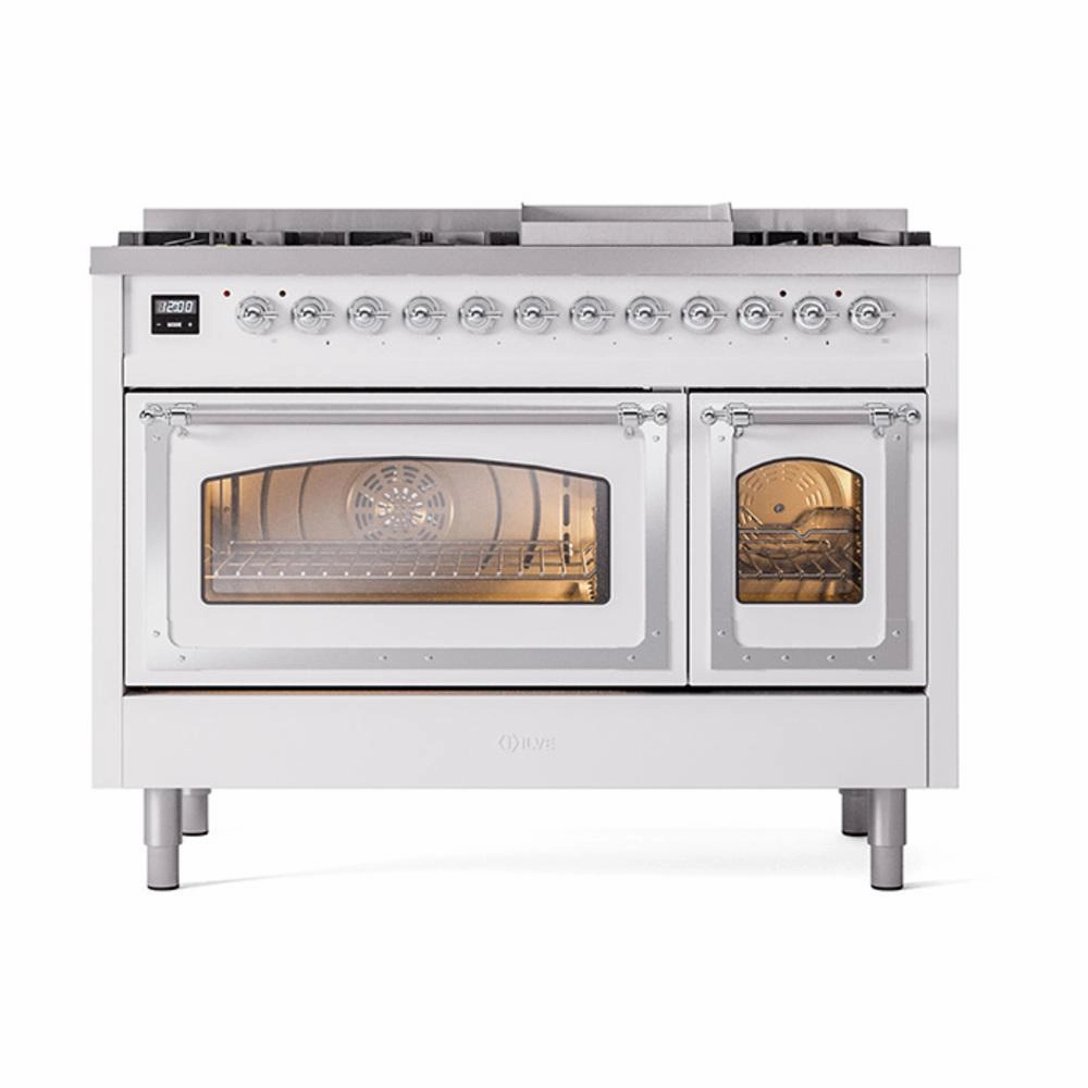 Ilve UN48FNMPWHC Ilve Un48Fnmpwhc Nostalgie Ii Noblesse 48" Dual Fuel Range (8 Sealed Burners   Griddle, Natural Gas, Triple Glass Door, White, Chrome)
