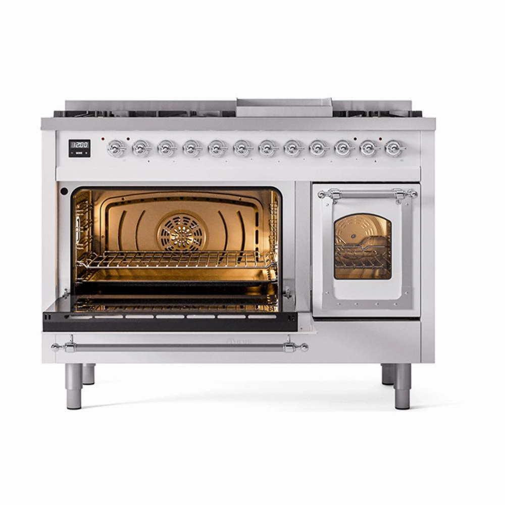 Ilve UN48FNMPWHC Ilve Un48Fnmpwhc Nostalgie Ii Noblesse 48" Dual Fuel Range (8 Sealed Burners   Griddle, Natural Gas, Triple Glass Door, White, Chrome)
