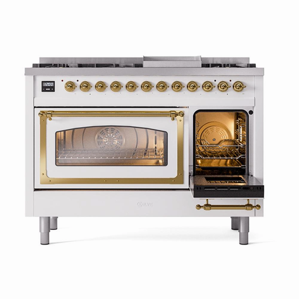 Ilve UN48FNMPWHG Ilve Un48Fnmpwhg Nostalgie Ii Noblesse 48" Dual Fuel Range (8 Sealed Burners   Griddle, Natural Gas, Triple Glass Door, White, Brass)