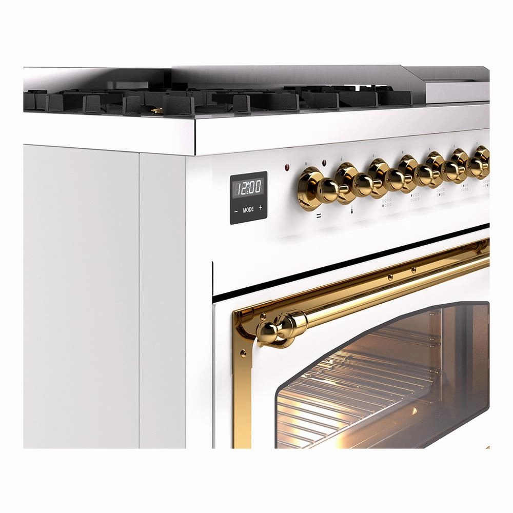 Ilve UN48FNMPWHGLP Ilve Un48Fnmpwhglp Nostalgie Ii Noblesse 48" Dual Fuel Range (8 Sealed Burners   Griddle, Liquid Propane, Triple Glass Door, White, Brass)