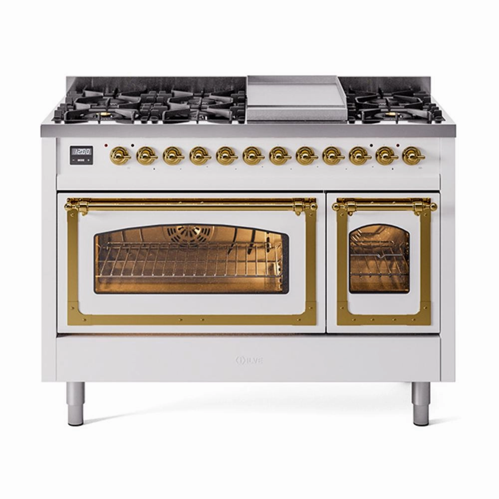 Ilve UN48FNMPWHGLP Ilve Un48Fnmpwhglp Nostalgie Ii Noblesse 48" Dual Fuel Range (8 Sealed Burners   Griddle, Liquid Propane, Triple Glass Door, White, Brass) Freestanding Ranges freestanding dual fuel range 30 inch